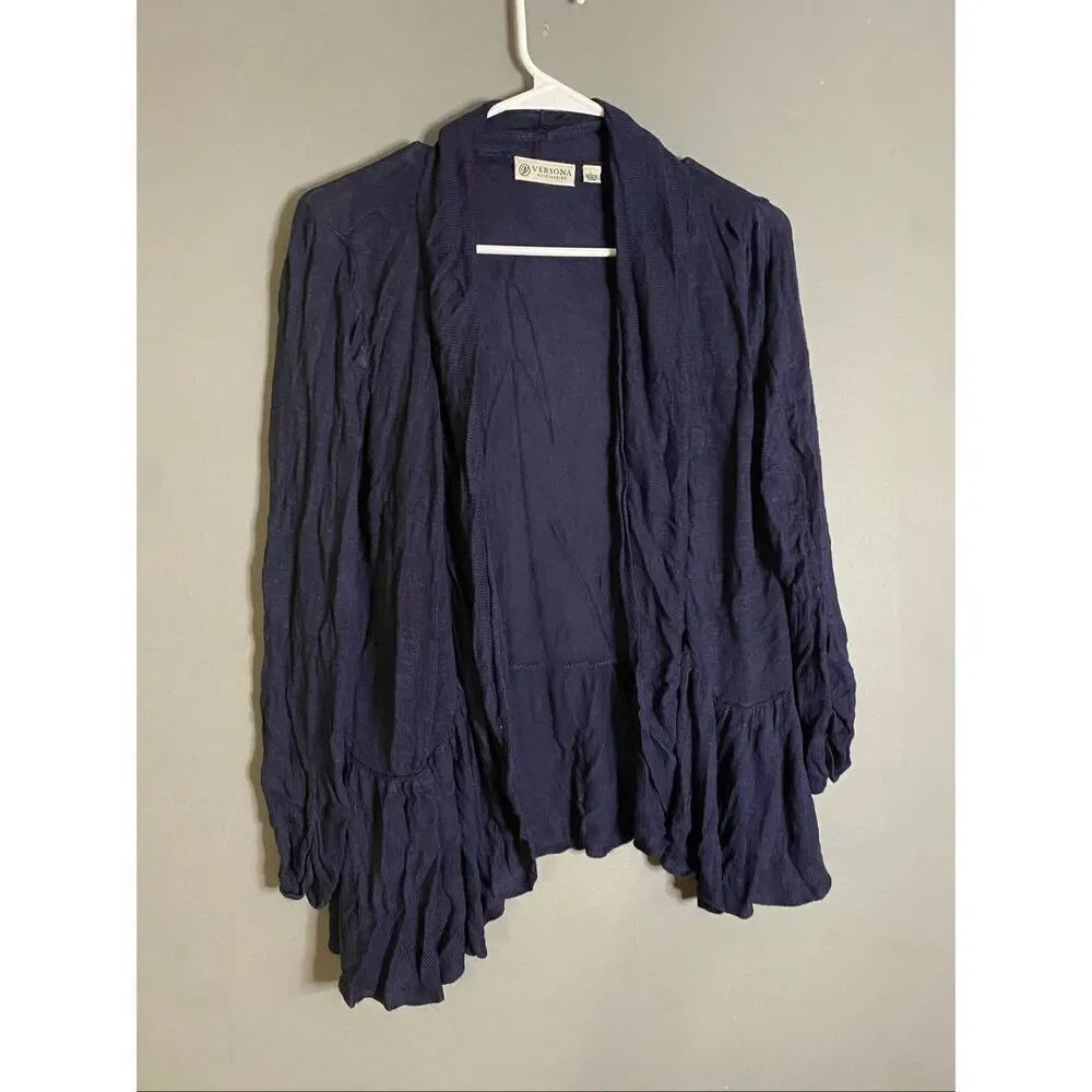 Versona Navy Crinkle Open Front Cardigan Size Large